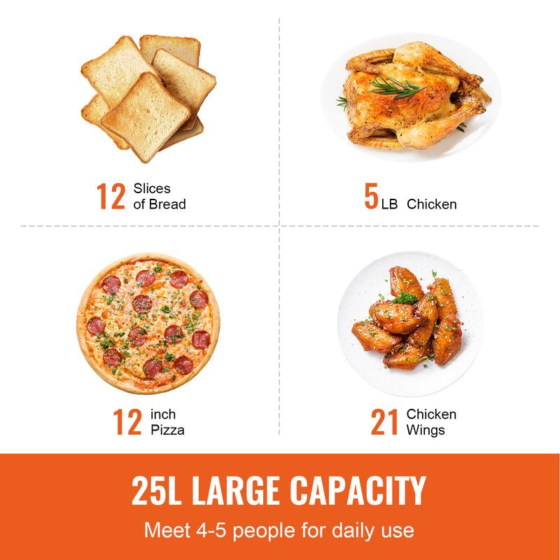 VEVOR 12-IN-1 Air Fryer Toaster Oven, 25L Convection Oven, 1700W Stainless Steel Toaster Ovens Countertop Combo with Grill, Pizza Pan, Gloves, 12 Slices Toast, 12-Inch Pizza, Home and Commercial Use