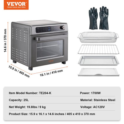 VEVOR 12-IN-1 Air Fryer Toaster Oven, 25L Convection Oven, 1700W Stainless Steel Toaster Ovens Countertop Combo with Grill, Pizza Pan, Gloves, 12 Slices Toast, 12-Inch Pizza, Home and Commercial Use